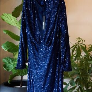 Fashion Nova Sparkling Navy Long Sleeve Dress
